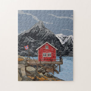 Puzzle Rorbu Lofoten Bergen Norvège Illustration du paysa