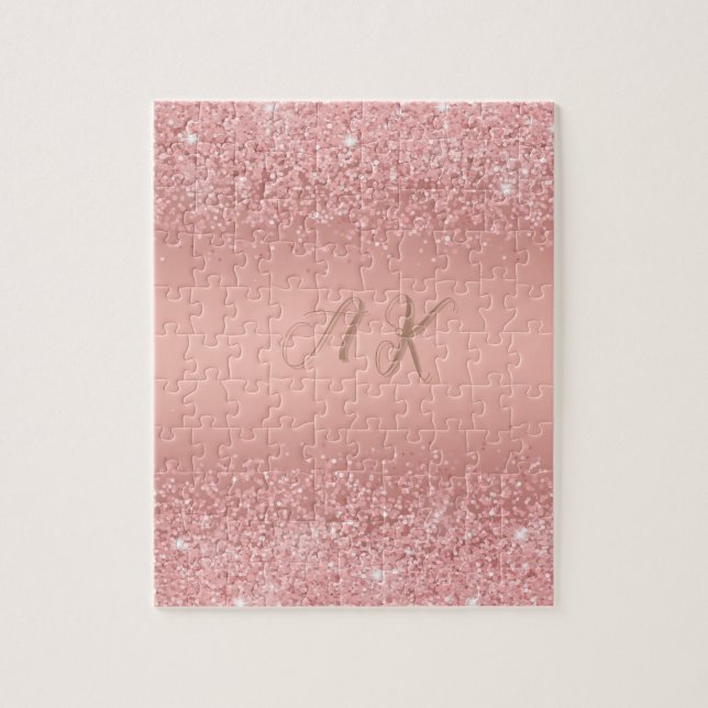 Puzzle Rose Gold Luxe Élégant Monogramme à l'effet Paille (Vertical)