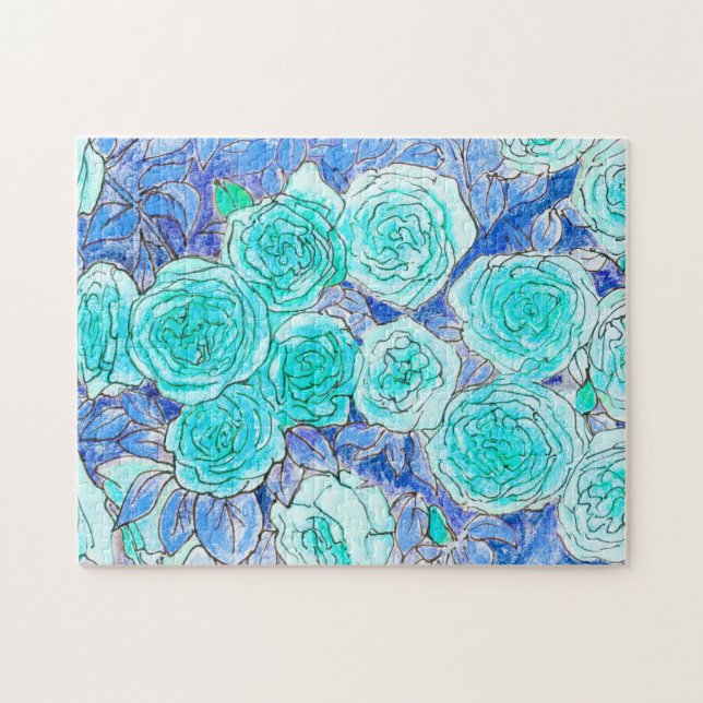 Puzzle Roses Bleus, Vert Feuille Rose Jardin Fleur été (Horizontal)