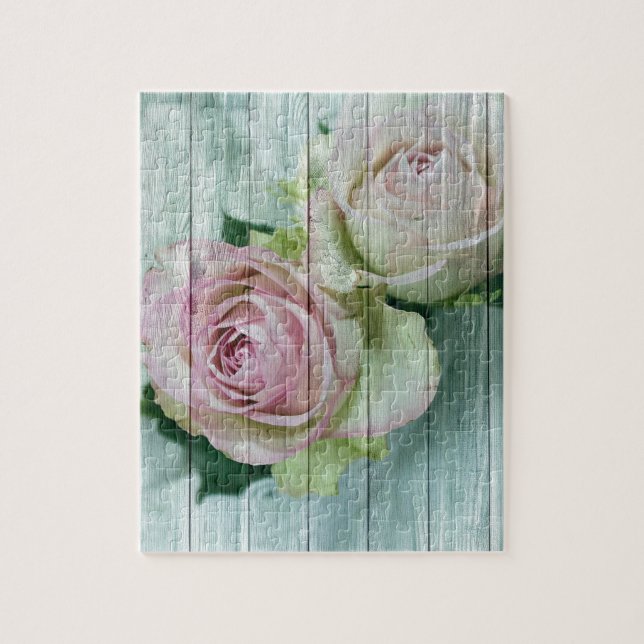 Puzzle Roses Chic Rose Shabby Sur Bois Bleu (Vertical)