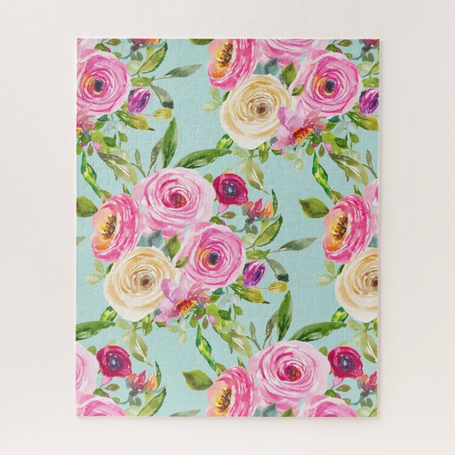Puzzle Roses d'aquarelle en rose et crème sur Aqua (Vertical)