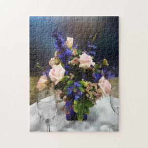 Puzzle Roses roses et delphiniums violets
