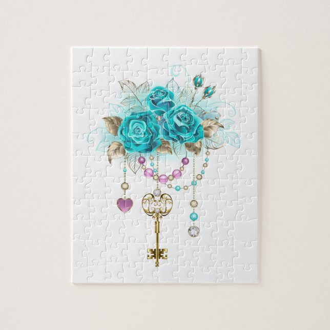 Puzzle Roses turquoise avec touches (Vertical)