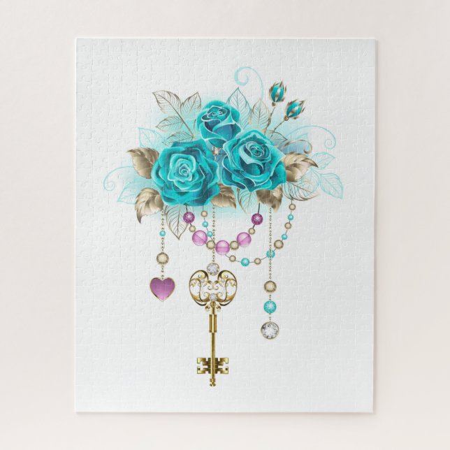 Puzzle Roses turquoise avec touches (Vertical)