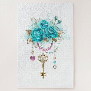 Puzzle Roses turquoise avec touches