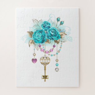 Puzzle Roses turquoise avec touches