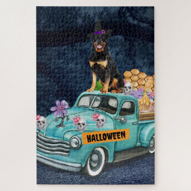Puzzle Rottweiler Chien Halloween Camion Effrayant Nuit (Vertical)
