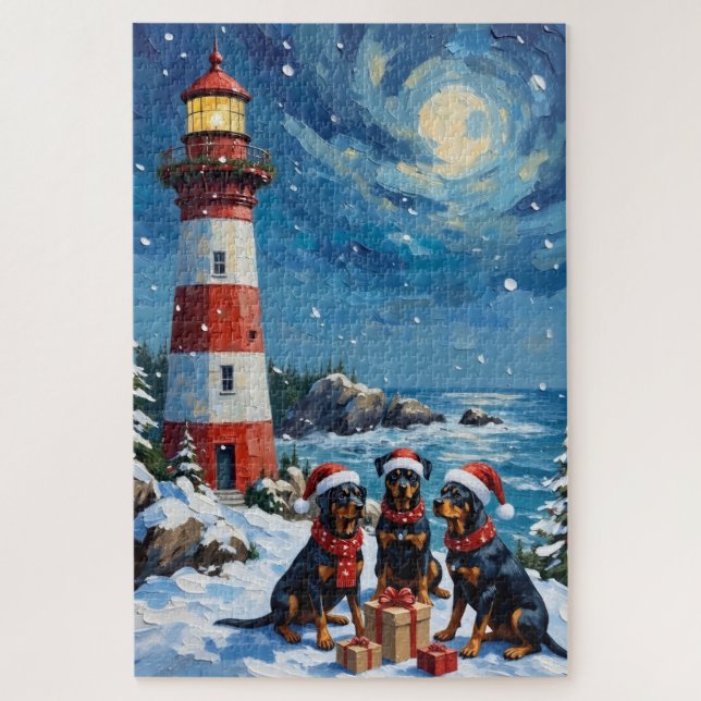 Puzzle Rottweiler Christmas Lighthouse Holiday (Vertical)