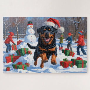 Puzzle Rottweiler courant dans la neige avec un chapeau d