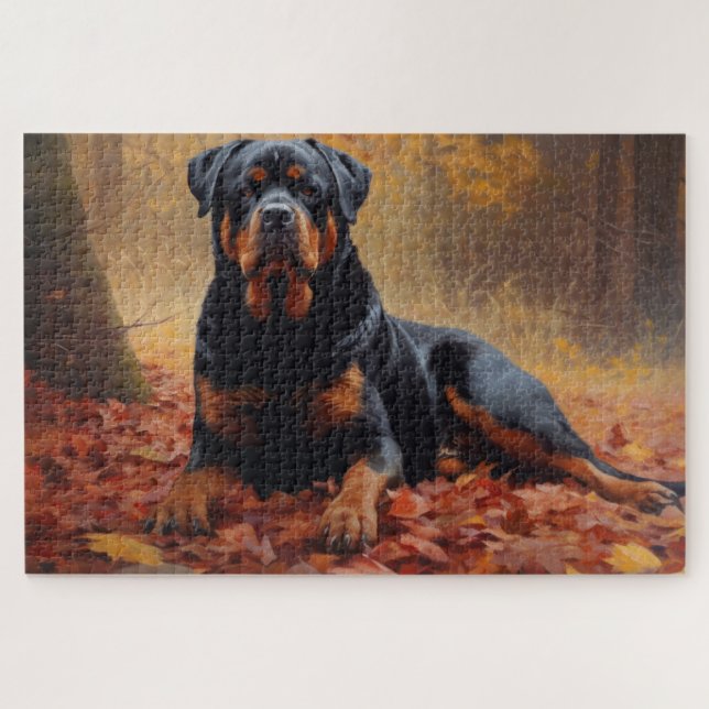 Puzzle Rottweiler dans les feuilles d'automne automne aut (Horizontal)