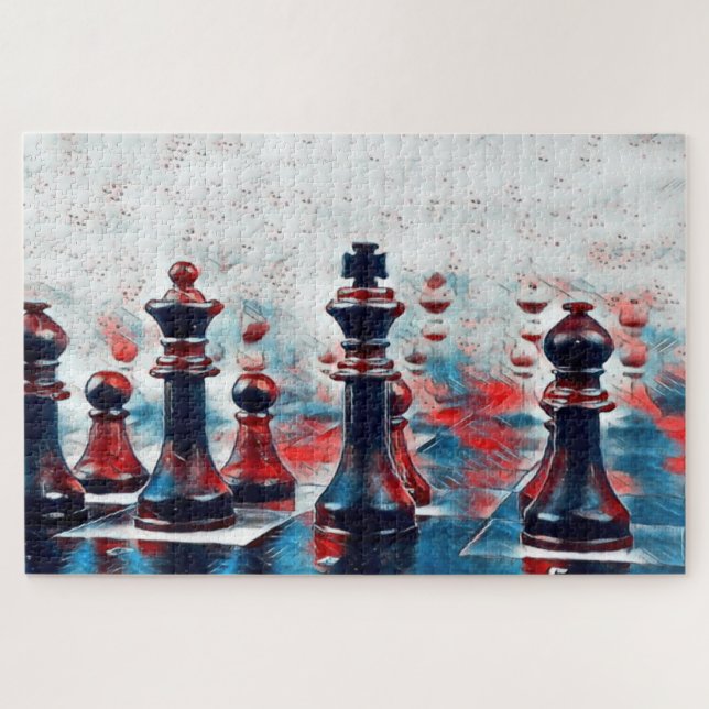 Puzzle Rouge, Blanc, Pièces d'échecs Bleues Roi, Reine, É (Horizontal)