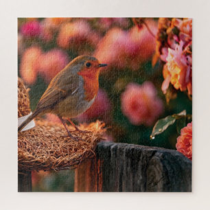 Puzzle Rouge-gorge familier perché sur un chapeau de pail