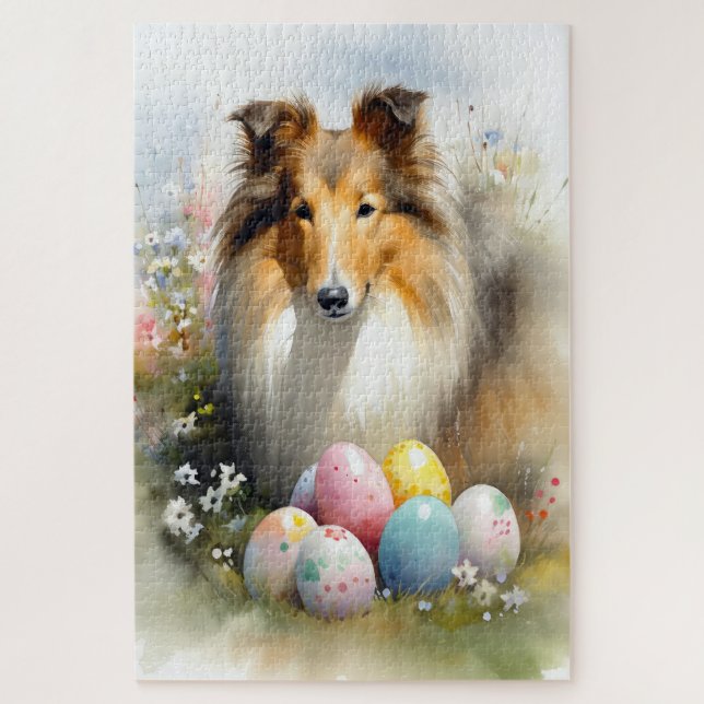 Puzzle Rough Collie Chien avec Oeufs de Pâques Fête (Vertical)