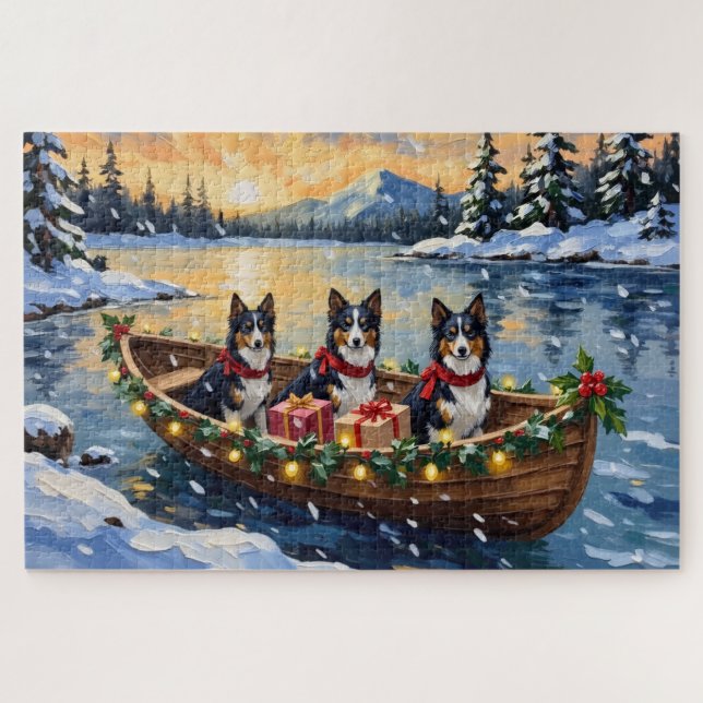 Puzzle Rough Collie Christmas Boat Holiday (Horizontal)