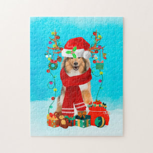 Puzzle Rough Collie dans la neige avec cadeaux de Noël