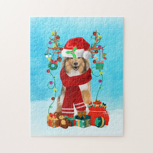 Puzzle Rough Collie dans la neige avec cadeaux de Noël (Vertical)