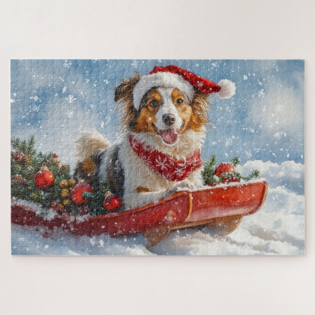 Puzzle Rough Collie Dog in Sledge Let Snow Christmas (Horizontal)