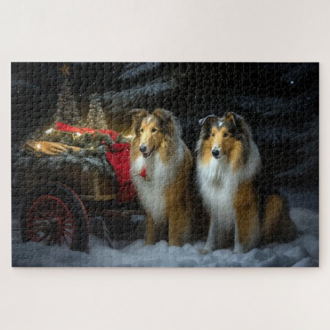 Puzzle Rough Collie Snowy Sleigh Décor de Noël (Horizontal)