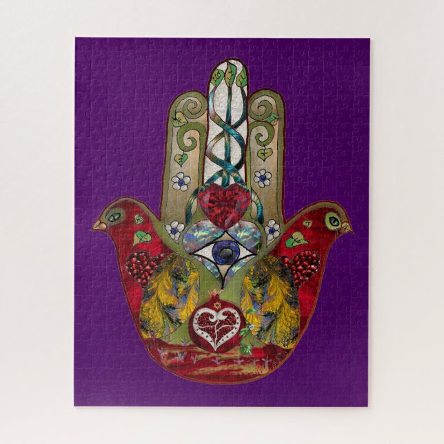 Puzzle Ruby Pomegranate Heart Red Bird Hamsa (Vertical)