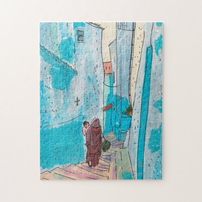 Puzzle Rue de Chefchaouen Maroc Papier Collage Croquis (Vertical)