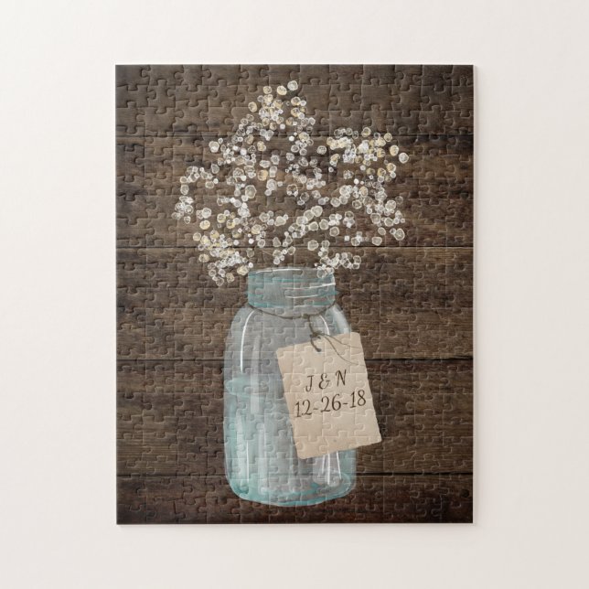 Puzzle Rustic Grange Mariage Wood Mason Jar Babys Respire (Vertical)