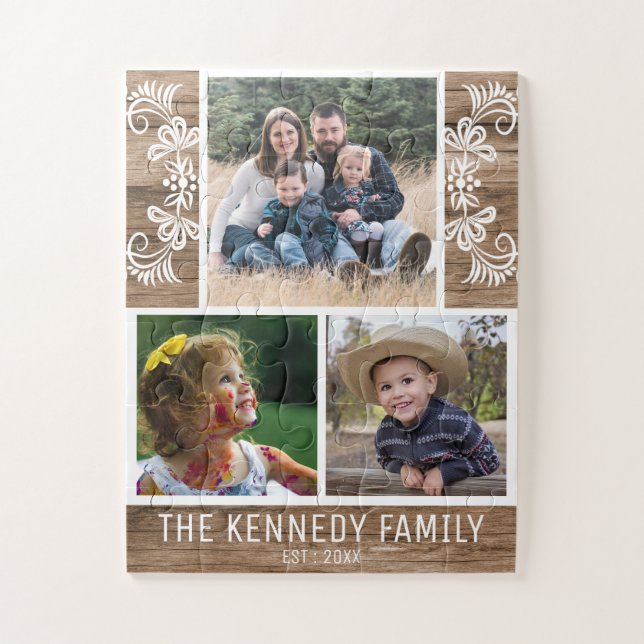 Puzzle Rustic Wood Nom de famille Photo Collage (Vertical)