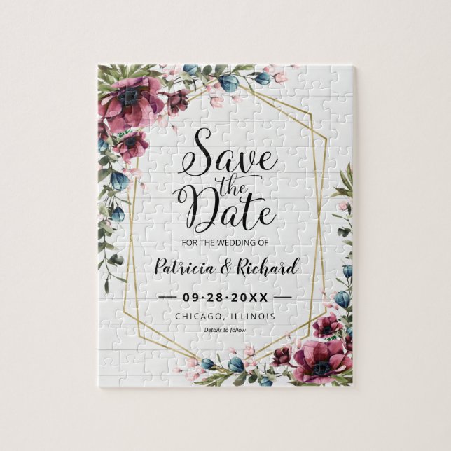 Puzzle Rustique Chic Bourgogne Mariage Floral Enregistrer (Vertical)