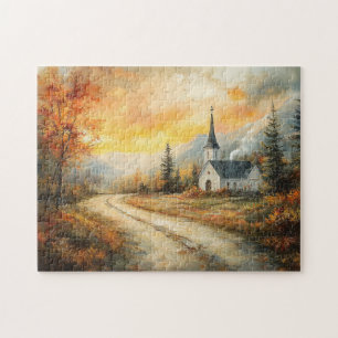Puzzle Rustique église d'automne aquarelle peinture