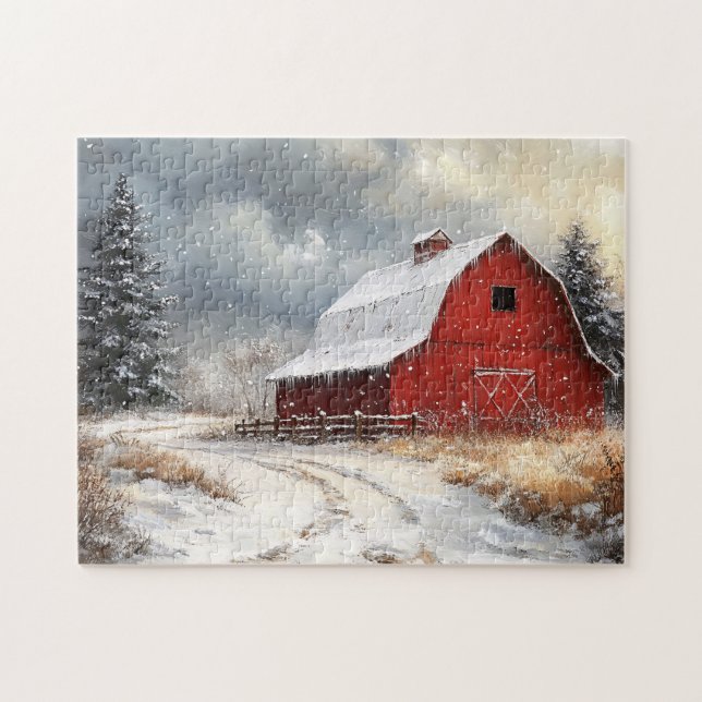 Puzzle Rustique Red Grange Winter Pittoresque Art (Horizontal)