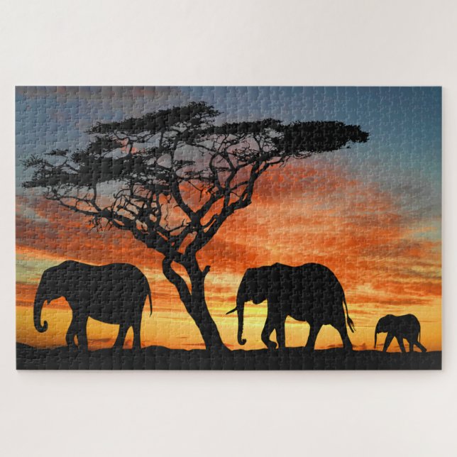 Puzzle Safari Afrique Sunset Elephant Silhouette Art (Horizontal)