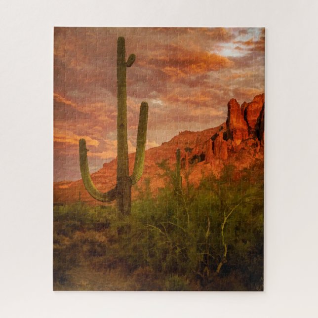 Puzzle Saguaro Cactus Superstition Mountain Sunset Art (Vertical)