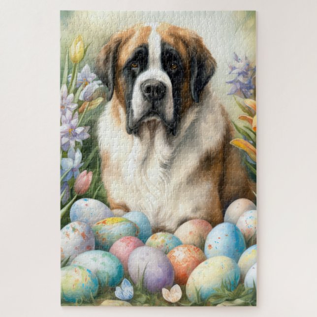 Puzzle Saint Bernard Chien avec Oeufs de Pâques Vacances (Vertical)