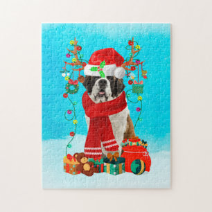Puzzle Saint Bernard dans la neige avec cadeaux de Noël