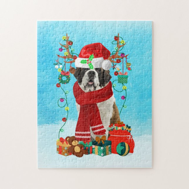 Puzzle Saint Bernard dans la neige avec cadeaux de Noël (Vertical)