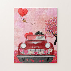 Puzzle Saint Bernard Dog Car with Hearts Valentine's 