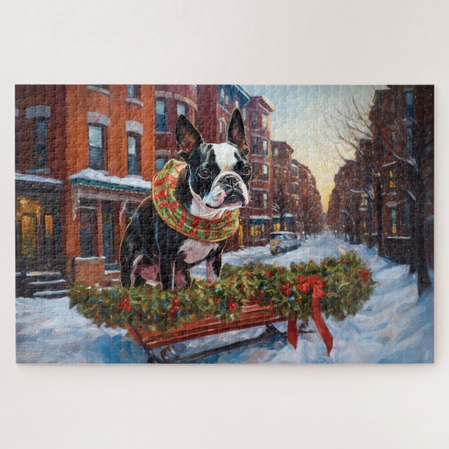 Puzzle Saison de Noël de Boston Terrier (Horizontal)