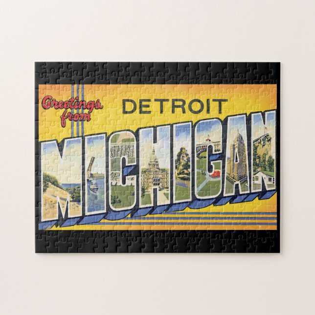 Puzzle Salutations de voyage de Detroit Michigan_Vintage (Horizontal)