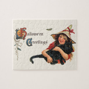 Puzzle Salutations d'Halloween vintage, sorcière enfant a