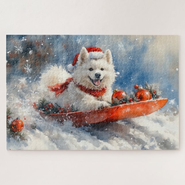 Puzzle Samoyé Chien dans la boue Laisser il neige Noël (Horizontal)