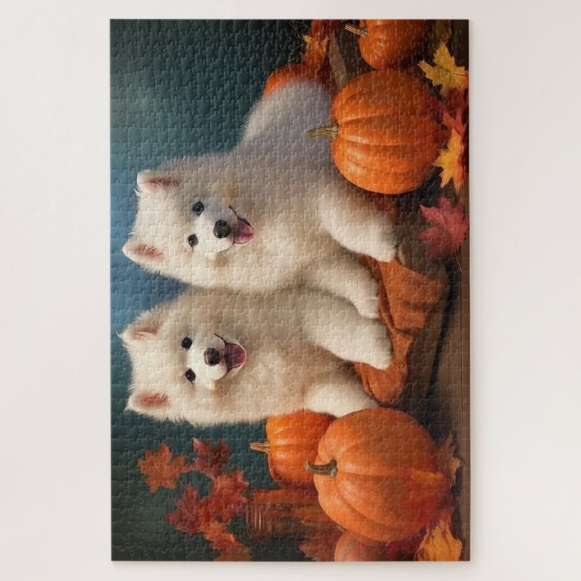 Puzzle Samoyed Chiot Automne Citrouille de plaisir (Vertical)