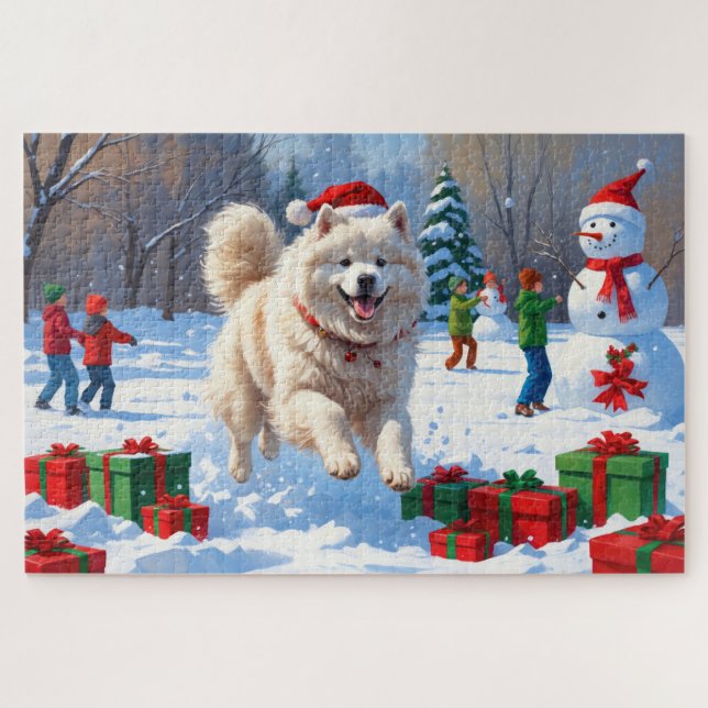 Puzzle Samoyed Running en neige avec Casquette de Noël (Horizontal)