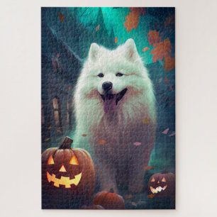 Puzzle Samoyède Halloween avec citrouilles effrayant