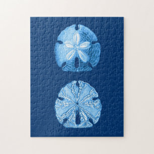 Puzzle Sand Dollar Sea Life Print, Indigo Blue and White