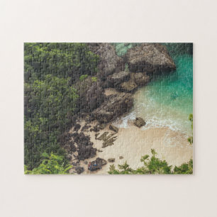 Puzzle Sandy Beach Cove avec arbres verts, rochers et océ