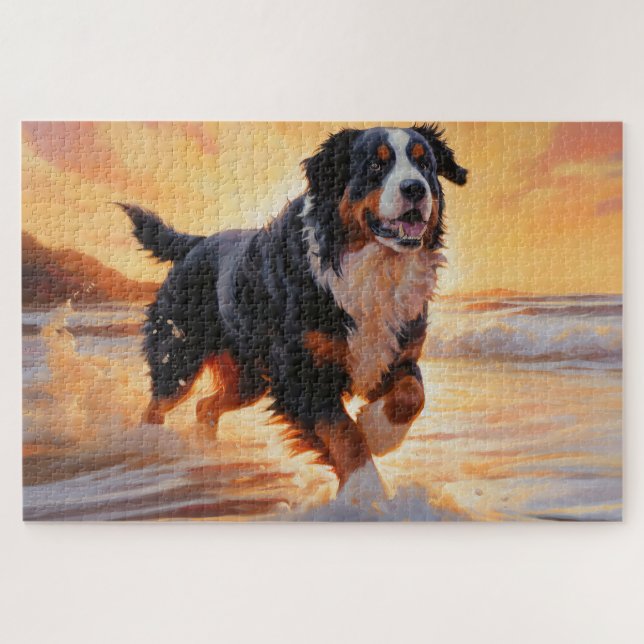 Puzzle Sandy Paws Bernese Mountain Dog on Beach Sunset  (Horizontal)