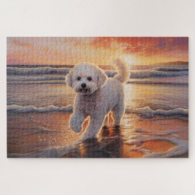 Puzzle Sandy Paws Bichon Frise Dog sur Beach Sunset (Horizontal)