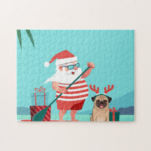 Puzzle Santa Claus and His Pug on a surfboard