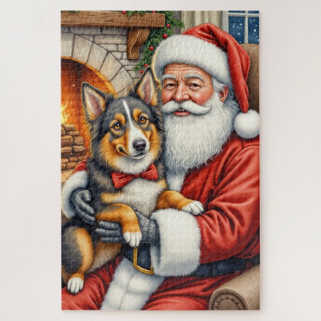 Puzzle Santa Claus Holding Australian Shepherd Christmas  (Vertical)