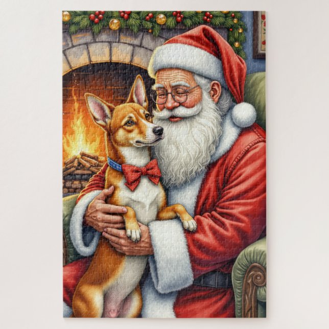 Puzzle Santa Claus Holding Basenji Christmas Art (Vertical)