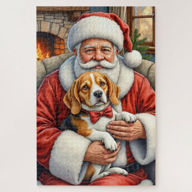 Puzzle Santa Claus Holding Beagle Christmas Art (Vertical)